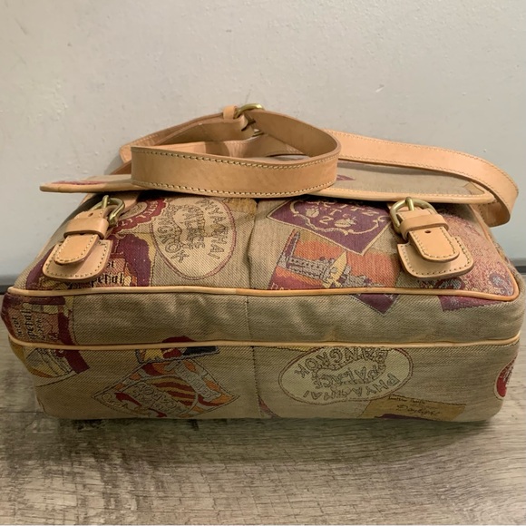 Vintage DESMO Beige JACQUARD LEATHER Travel Icons MESSENGER Tapestry PURSE BAG - Picture 4 of 6